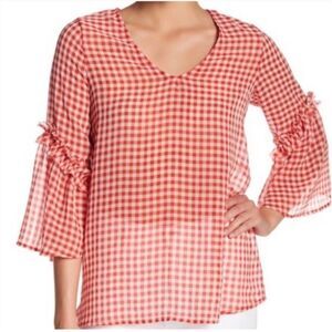Pleione Gingham Ruffle Blouse Sheer Red White Check Sz M